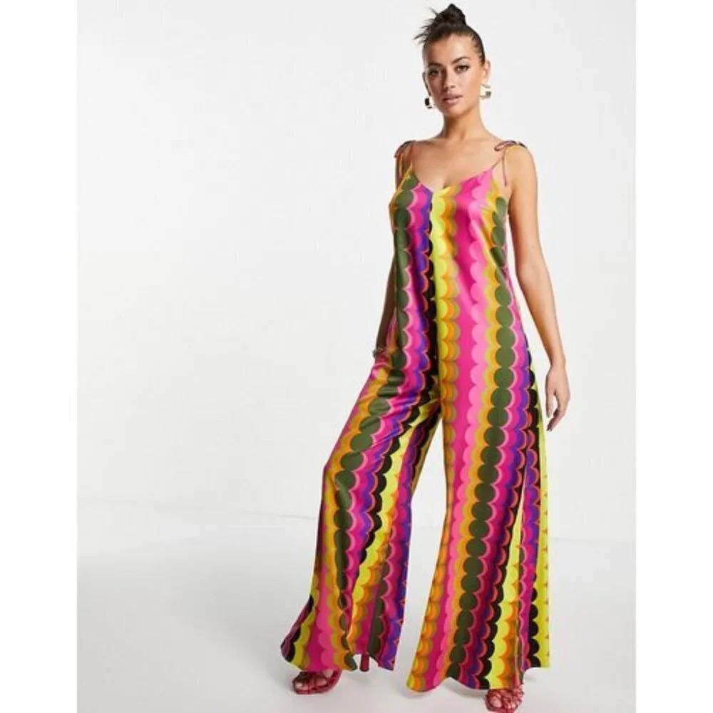 Never Fully Dressed Wide Leg Jumpsuit In 70s Wave Print-multi. Sz: 8